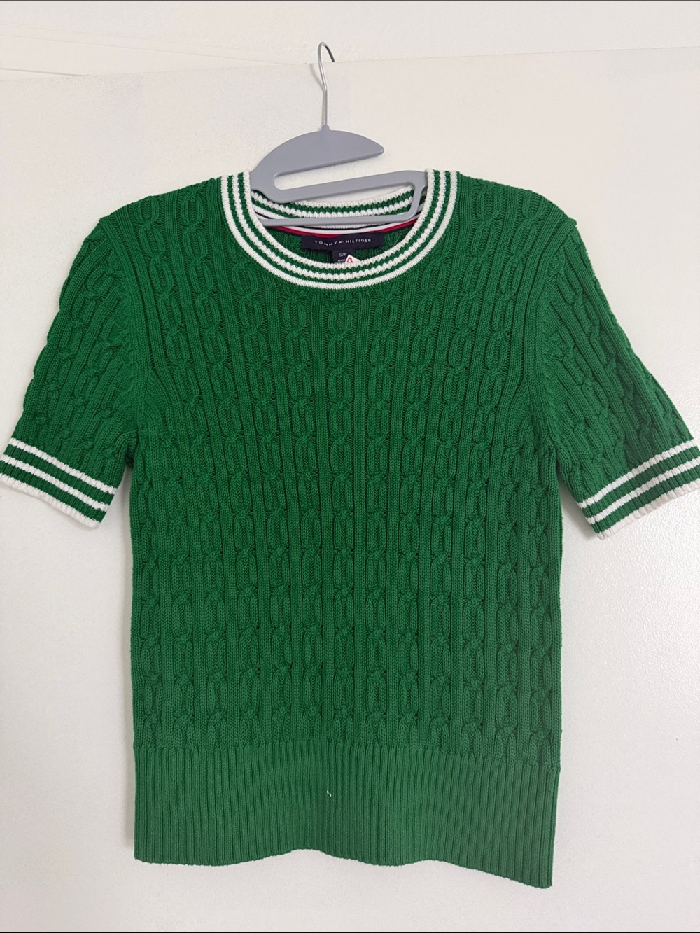 Tommy Hilfiger Green Cable Knit Crewneck Sweater with White Trim